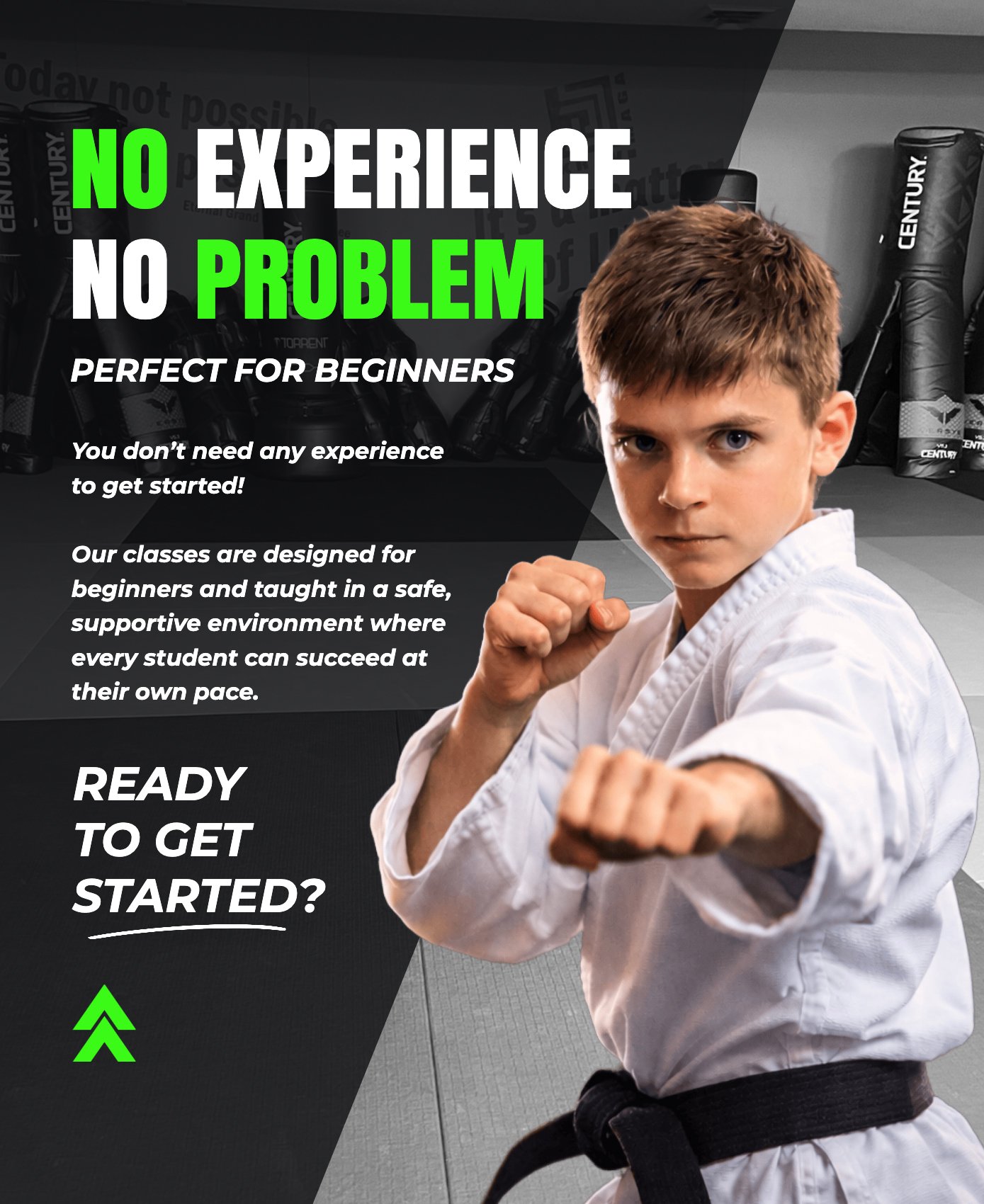 Promotional karate class poster featuring a boy in a white karate gi punching forward with bold green and white text about beginners.
